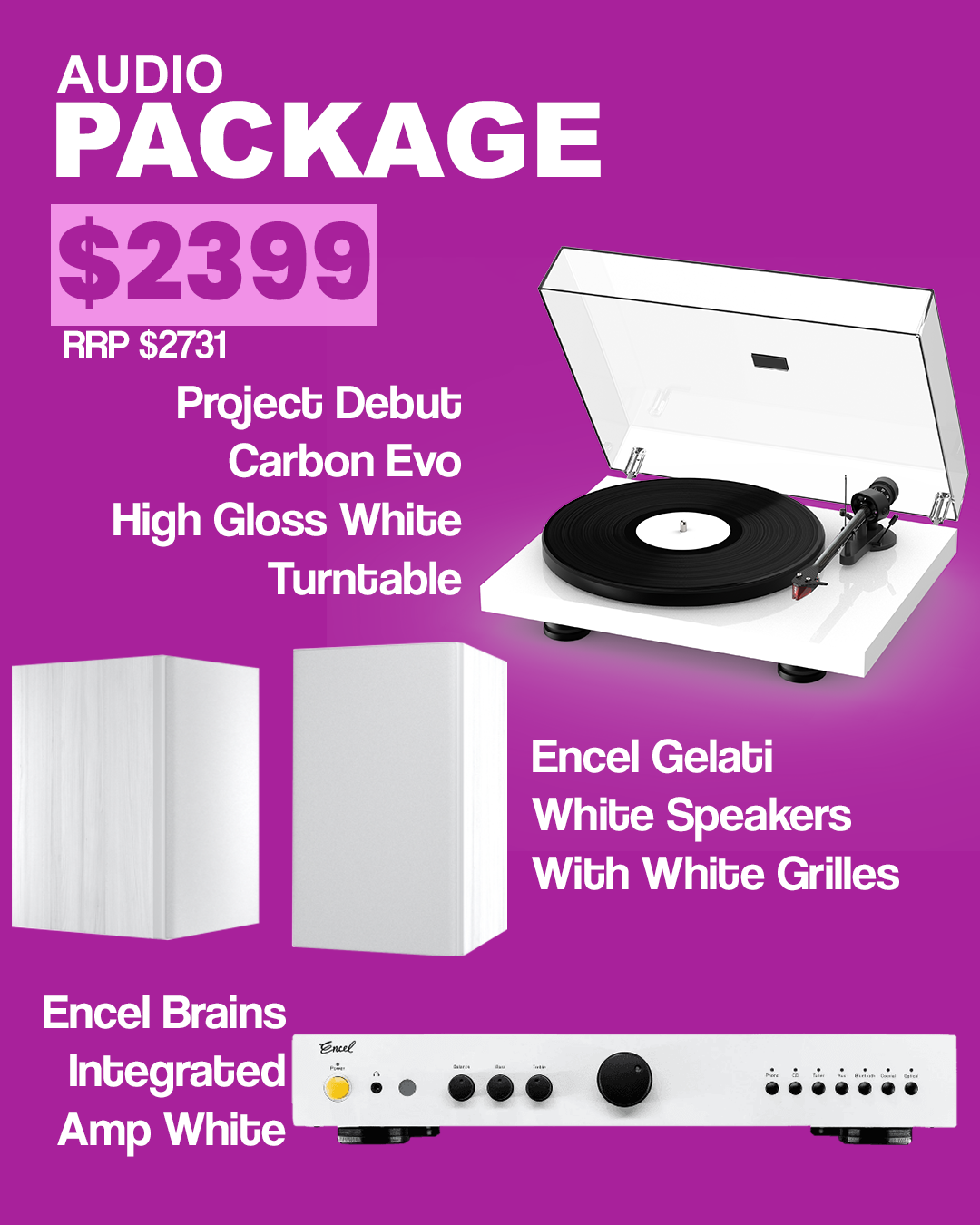 Encel Gelati Speakers Vanilla White / Encel Brains White / Encel Grilles White / Project Debut Carbon Evo Gloss White Package Deal